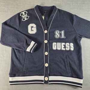 GUESS Noele‎ Boucle Varsity Cardigan Sweater Womens NWT Navy Blue XL $108 R5RQ10